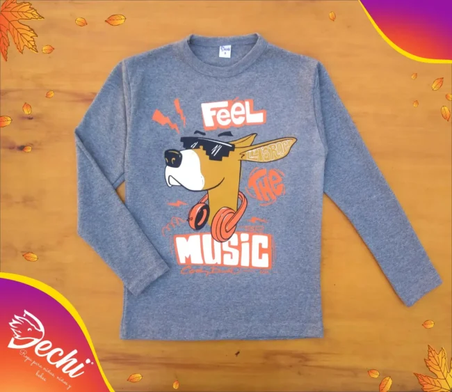 Ropa para niños y niñas remera de nene manga larga melange gris canguro musica