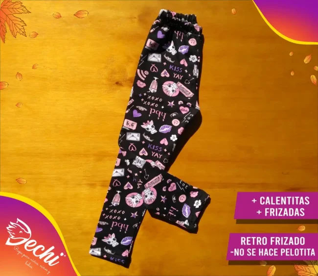 Ropa para niña calza termica frizado estampada negro con gatitos