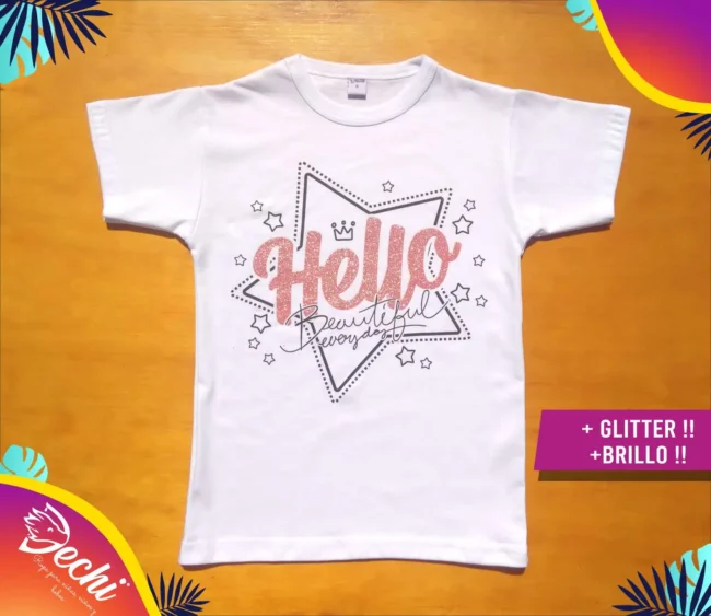 fabrica mayorista Remera Hello Glitter brillo blanco ropa para niños y niñas