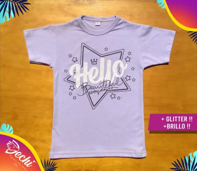 fabrica mayorista Remera Hello Glitter brillo lila ropa para niños y niñas