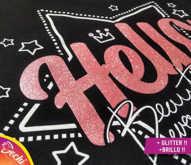 fabrica mayorista Remera Hello Glitter brillo negro estampa ropa para niños y niñas