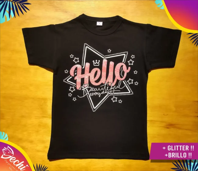 fabrica mayorista Remera Hello Glitter brillo negro ropa para niños y niñas