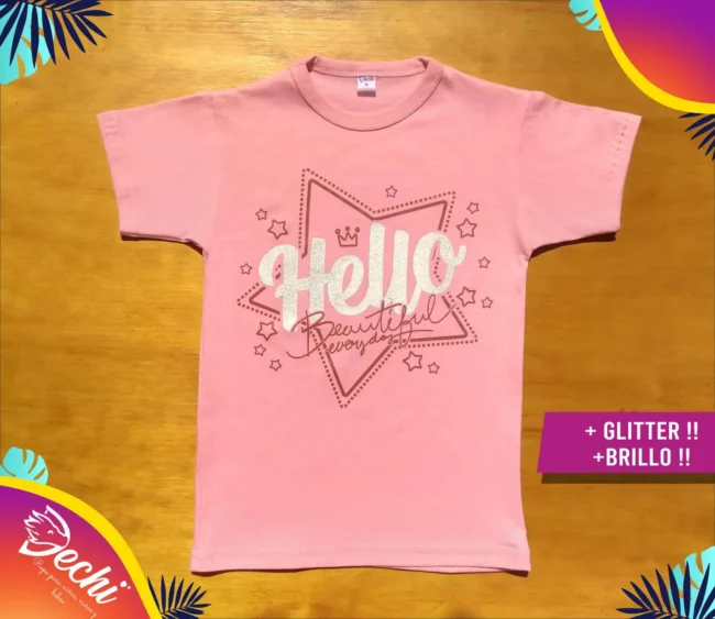 fabrica mayorista Remera Hello Glitter brillo rosa ropa para niños y niñas