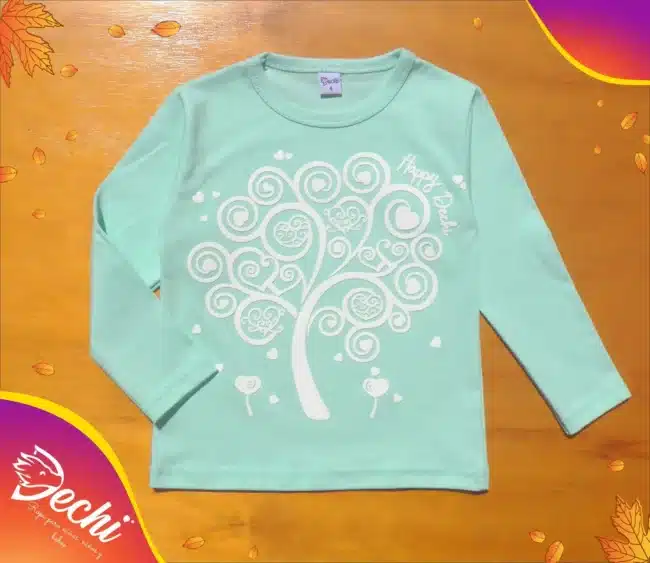 Remera manga larga de bebe nena arbol relieve verde agua