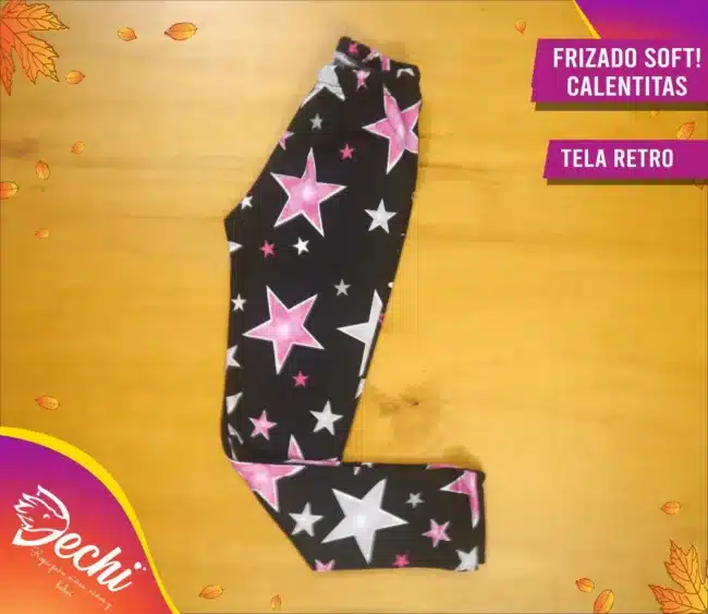 Ropa para niña calza termica frizado estampada negra con estrellas rosas y blancas