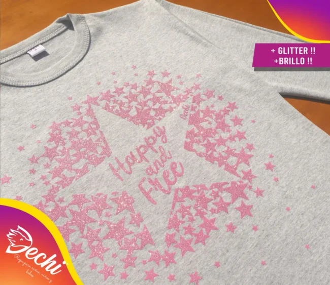 Ropa remera para niña o chicas happy estrellas glitter gris 2 fabrica mayorista