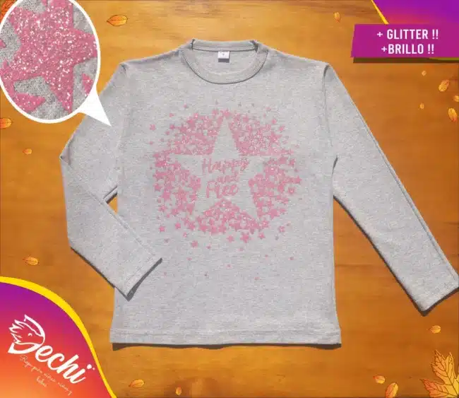 Ropa remera para niña o chicas happy estrellas glitter gris fabrica mayorista
