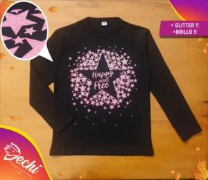 Ropa remera para niña o chicas happy estrellas glitter negro fabrica mayorista