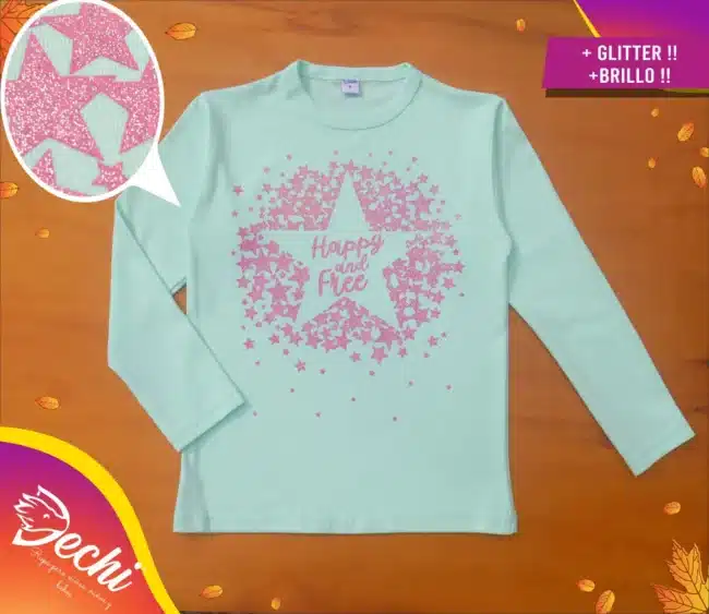 Ropa remera para niña o chicas happy estrellas glitter verde 2 fabrica mayorista
