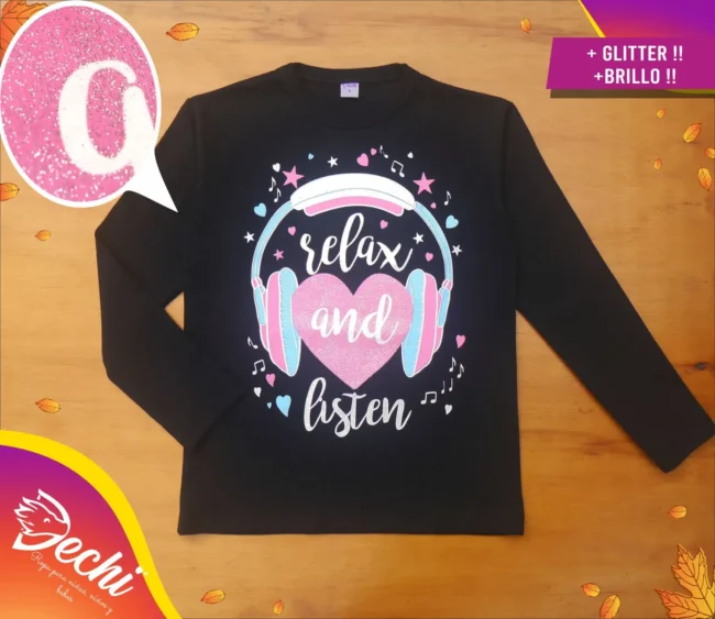 Ropa remera para niña o chicas relax and listen music auricular glitter negro fabrica mayorista