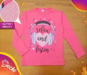 Ropa remera para niña o chicas relax and listen music auricular glitter rosa fabrica mayorista