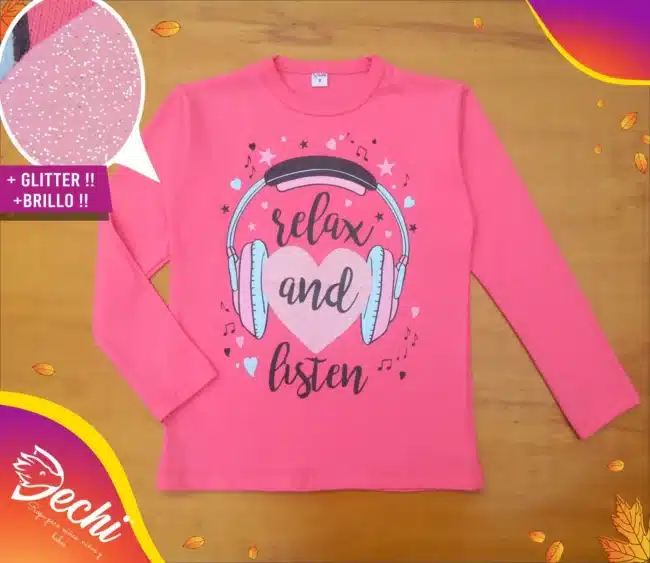 Ropa remera para niña o chicas relax and listen music auricular glitter rosa fabrica mayorista