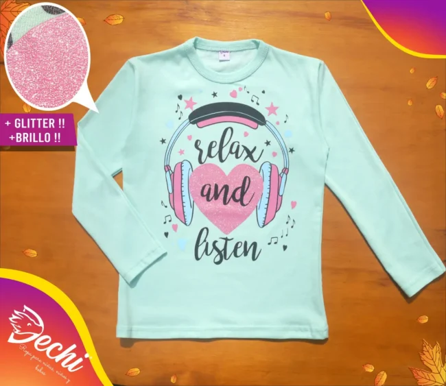 Ropa remera para niña o chicas relax and listen music auricular glitter verde fabrica mayorista