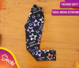 Ropa para niña calza termica frizado estampada negra con estrellas lila y naranjas