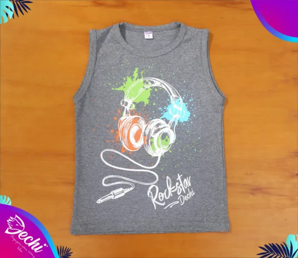 fabrica mayorista Musculosa remera sin mangas musica auricular gris ropa para niños y niñas 2026 fabrica mayorista Musculosa remera sin mangas musica auricular gris ropa para niños y niñas 2026