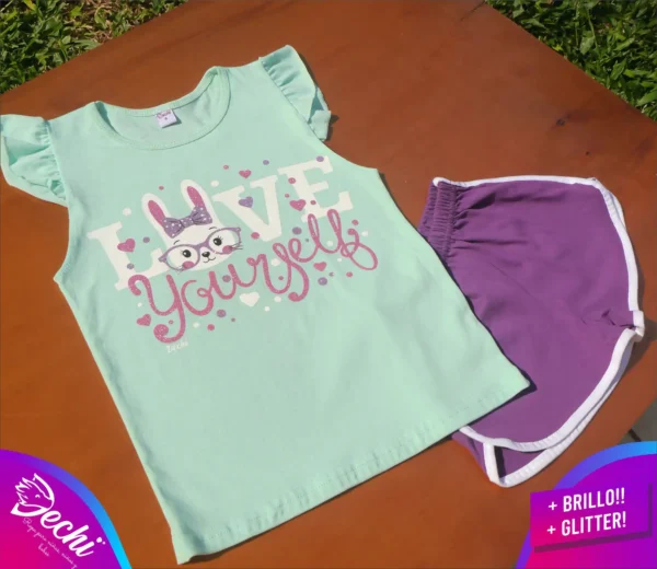 fabrica mayorista Remera musculosa conejita love verde short ropa para niños y niñas 2026