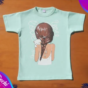fabrica mayorista Remera nena con gatito verde agua ropa para niños y niñas 2026