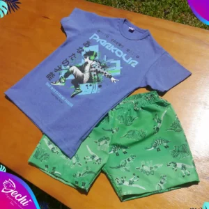fabrica mayorista conjunto short de baño malla dinosaurio verde y remera ropa para niños y niñas 2026