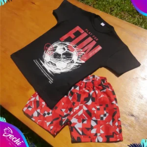 fabrica mayorista conjunto short de baño malla rojo, negro y remera ropa para niños y niñas 2026