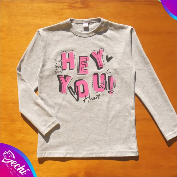 fabrica mayorista Remera manga larga hey you gris ropa para niños y niñas 2026