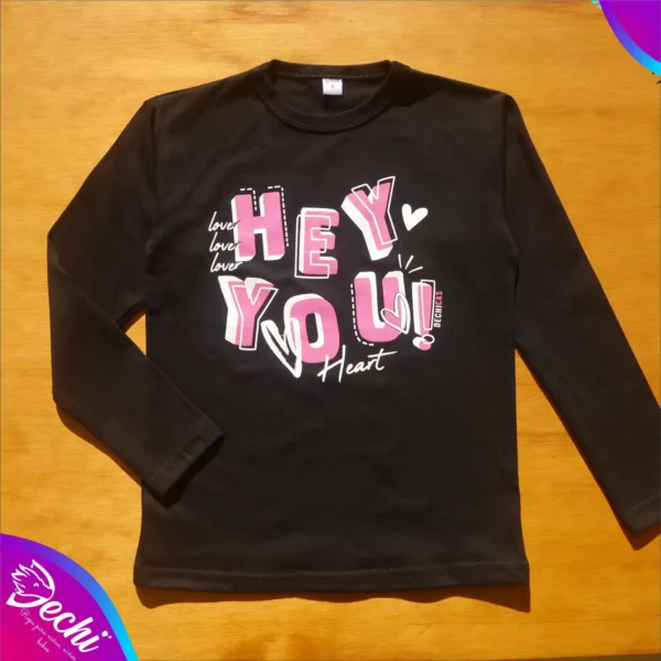 fabrica mayorista Remera manga larga hey you negro ropa para niños y niñas 2026